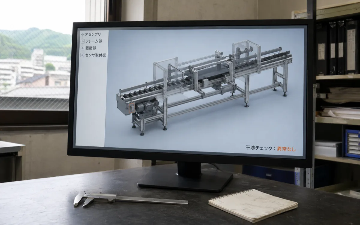ワイドモニターに表示された搬送装置の3D CADモデルと設計デスク