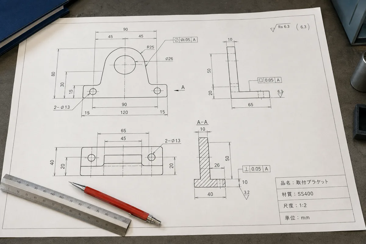 取付ブラケットの2D部品図。三面図と断面図に寸法・幾何公差が記入されている