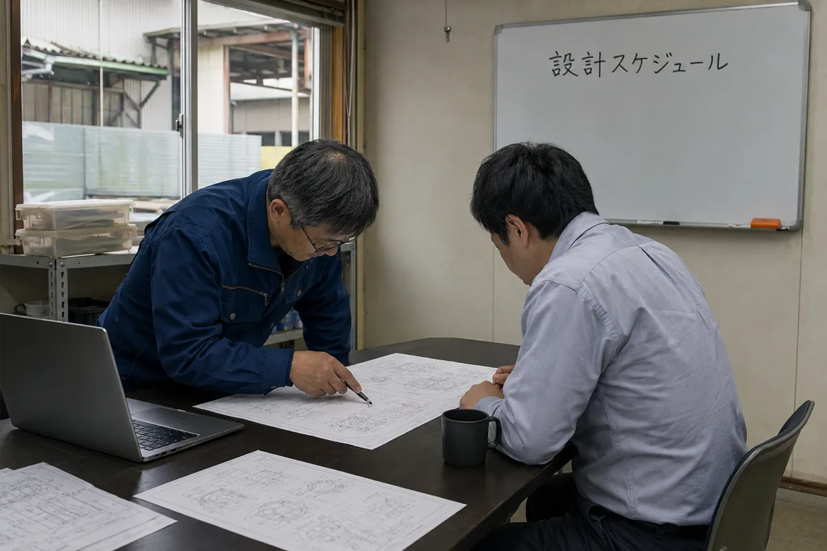 町工場の事務スペースで図面を挟んで打ち合わせをする様子