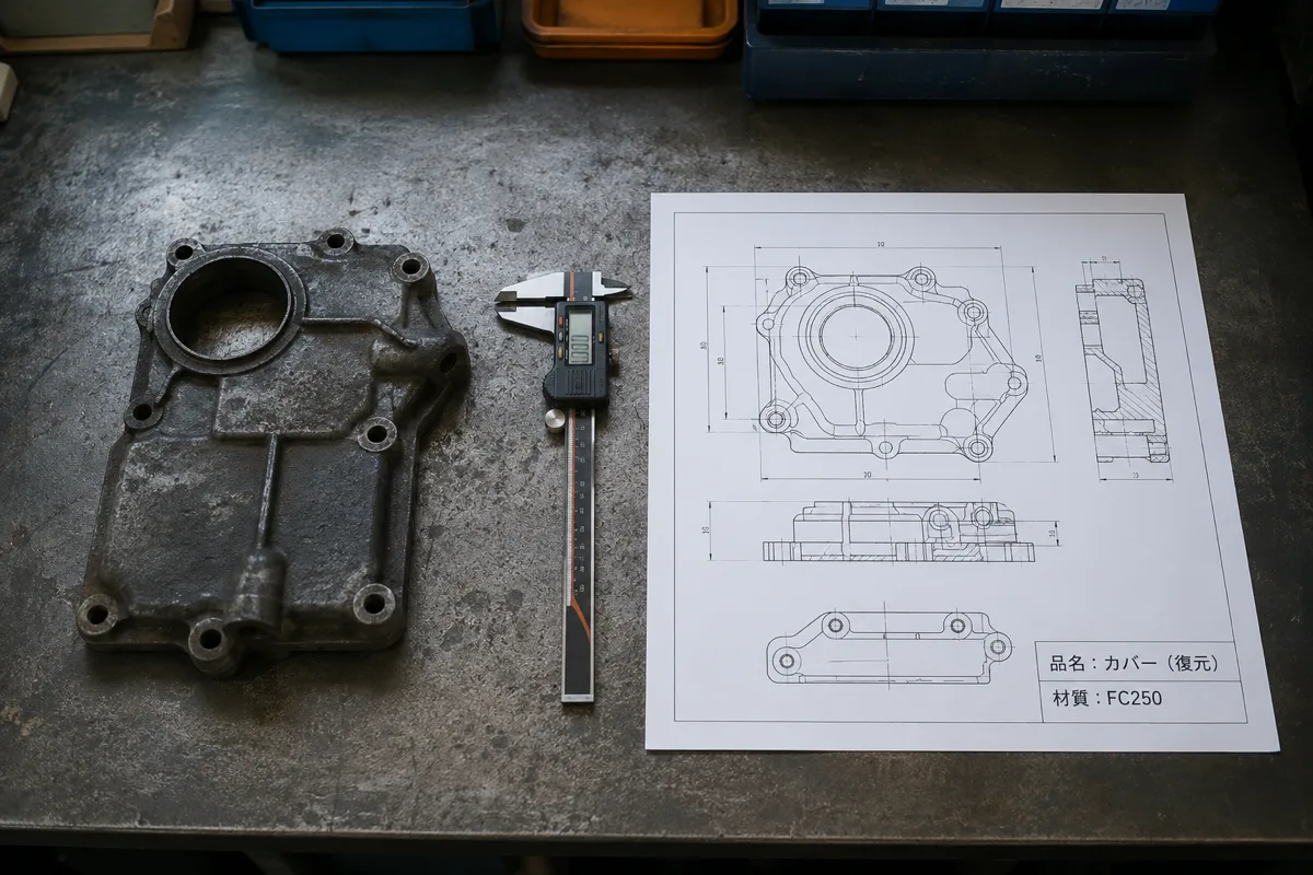 古い鋳物カバーの現物と、復元して作成した2D図面